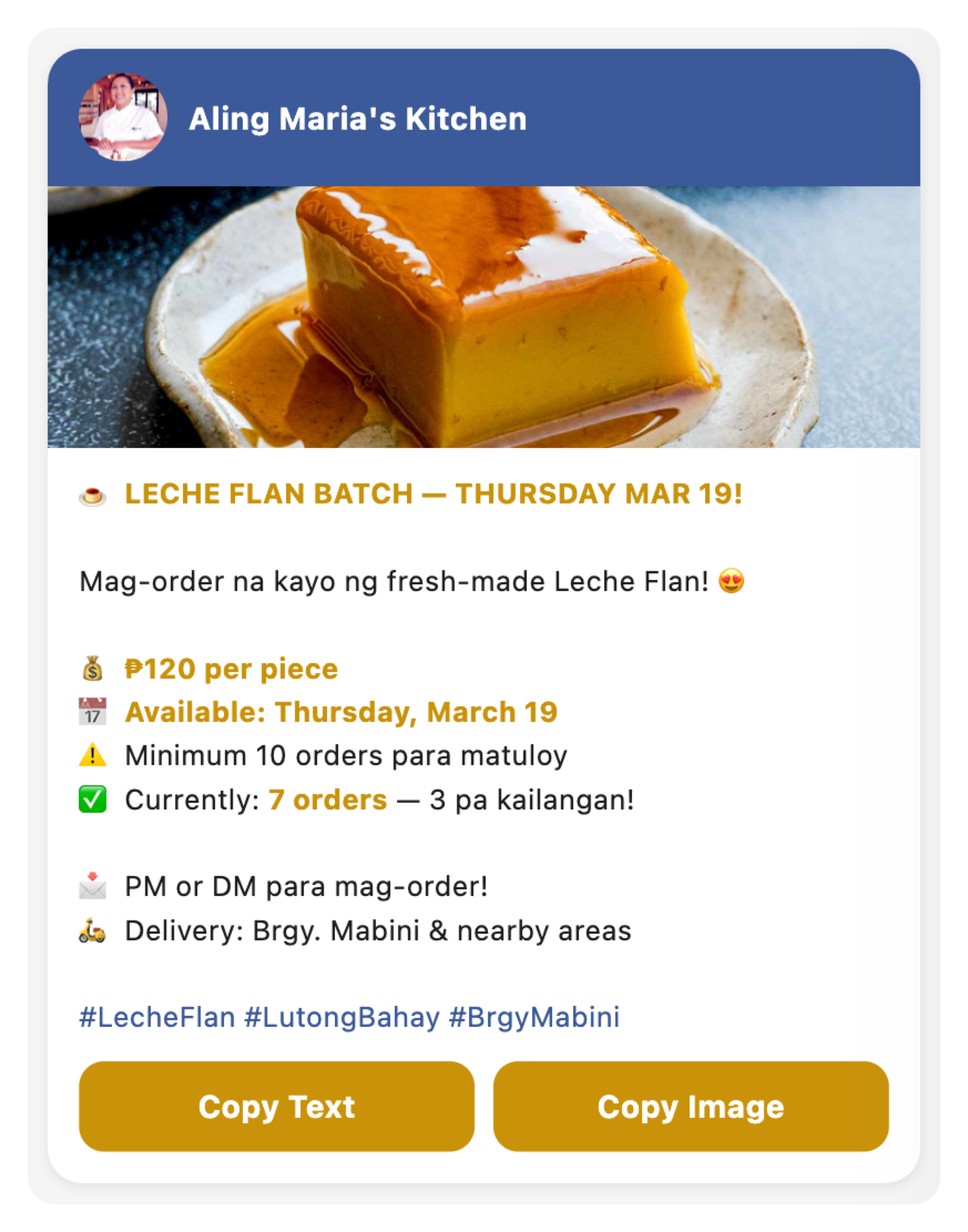 Generate Post screen creating a Facebook Group post for a leche flan batch