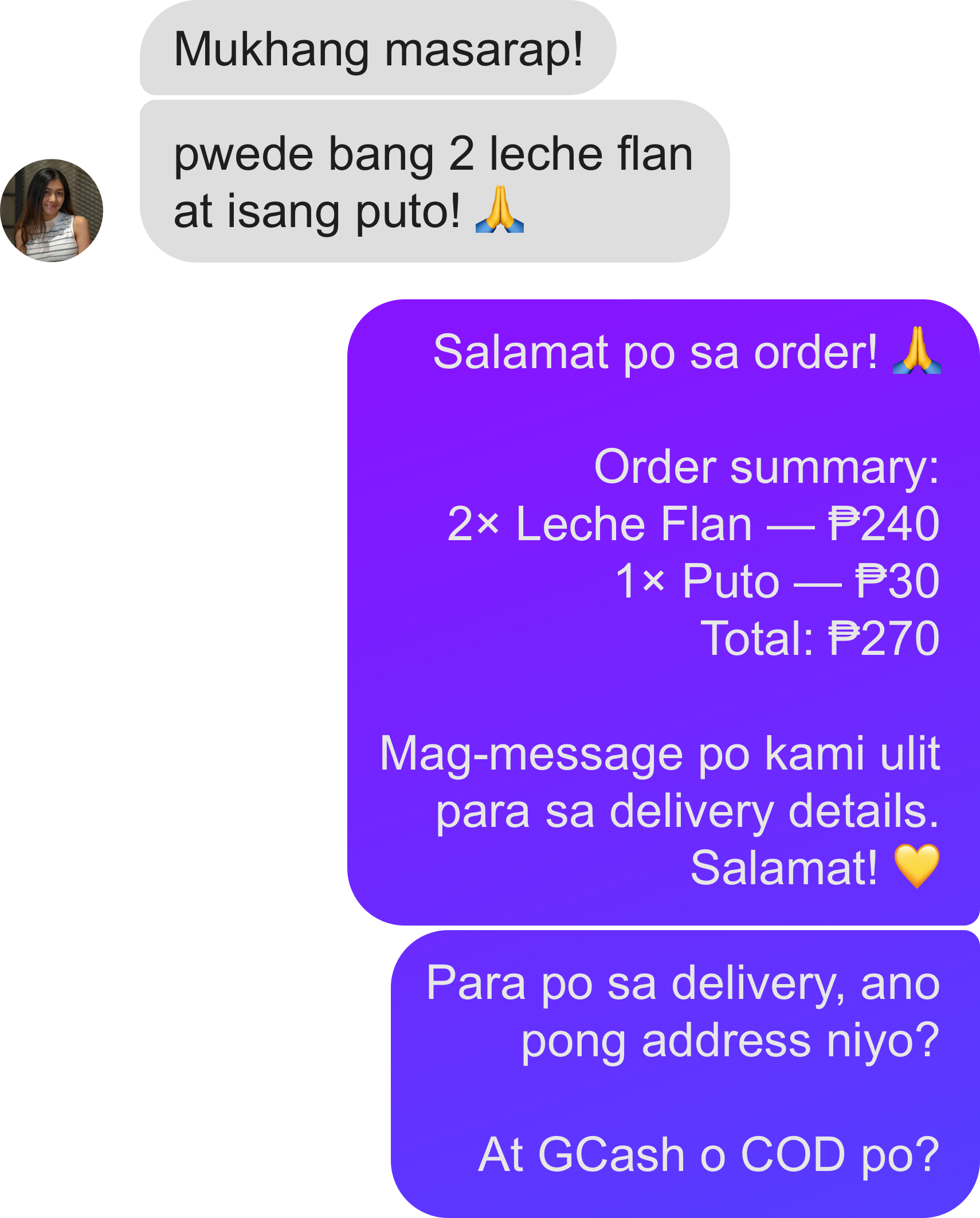 Customer Messenger conversation: an order request and Orderbook's auto-reply summarising the order