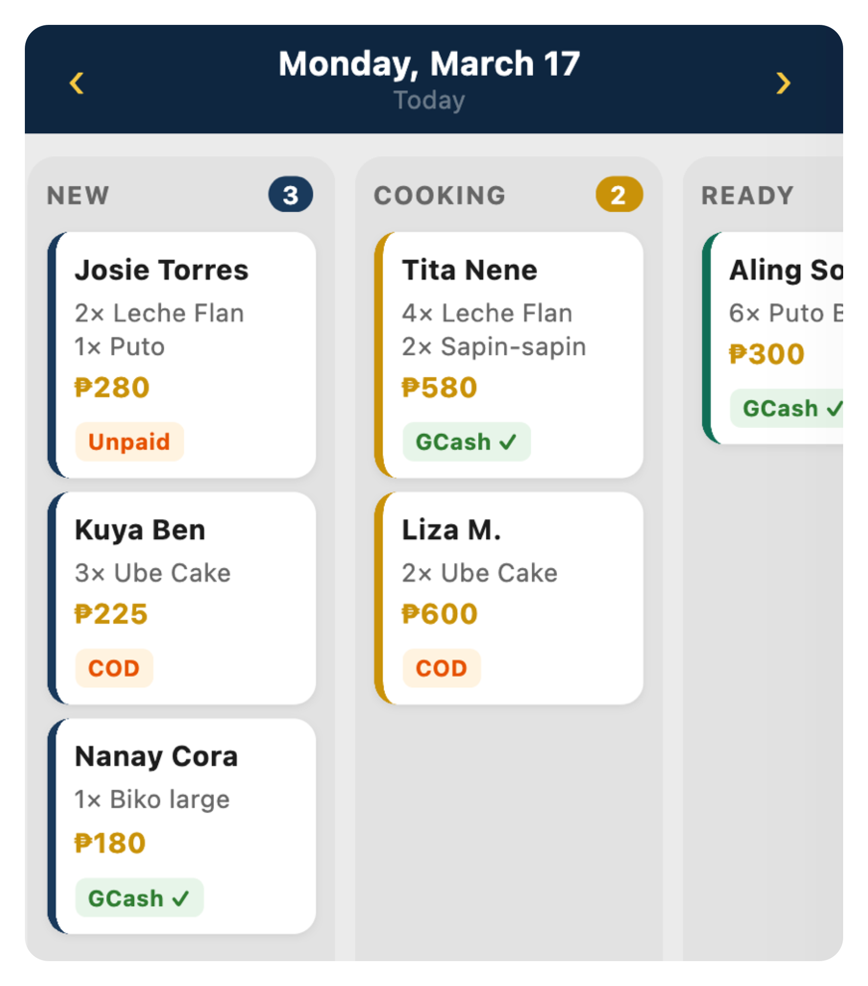 Orderbook dashboard showing customer orders organized in a Kanban board