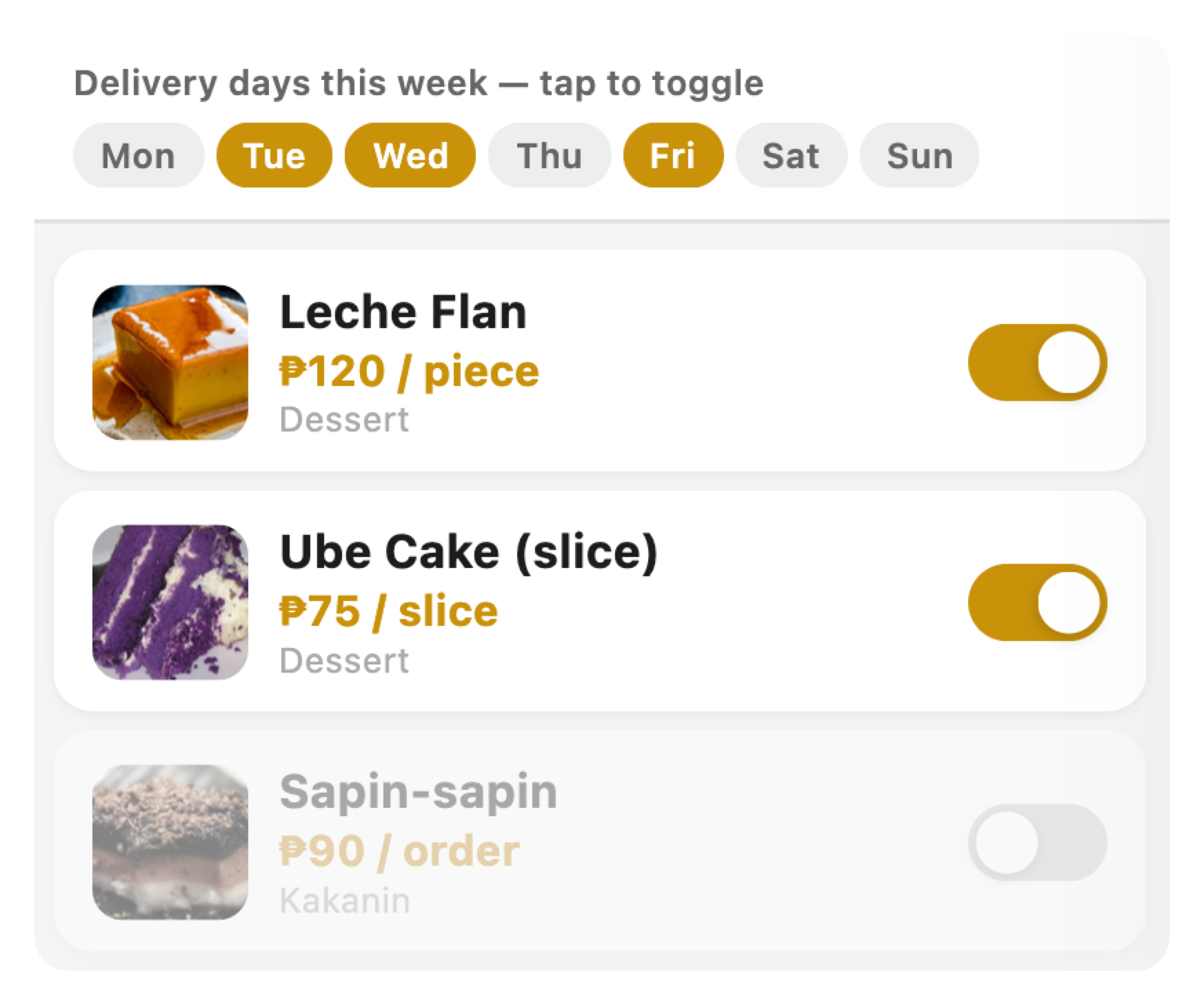 Menu Items screen with prices and availability toggles