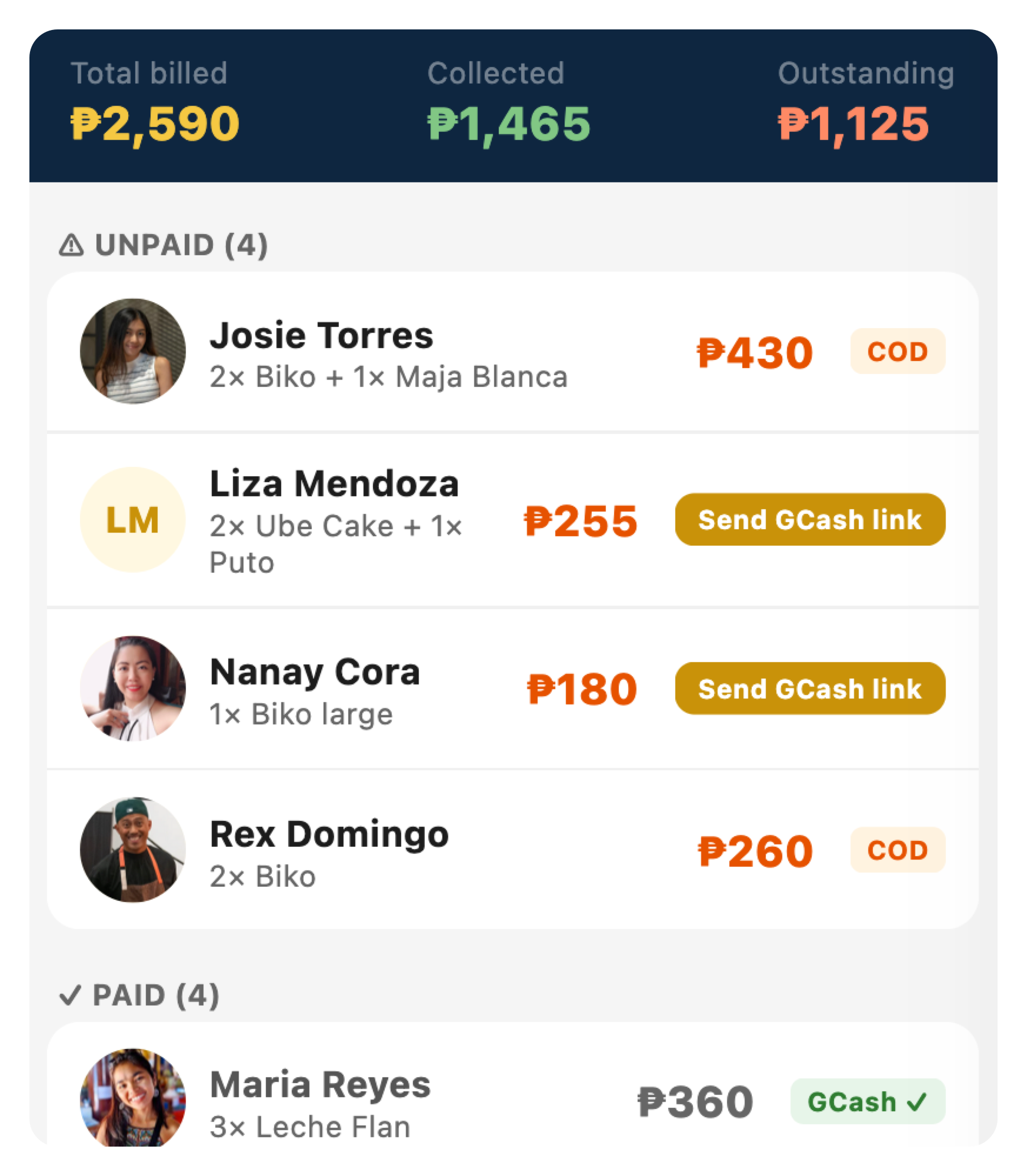 Order Payments screen tracking GCash and cash collection